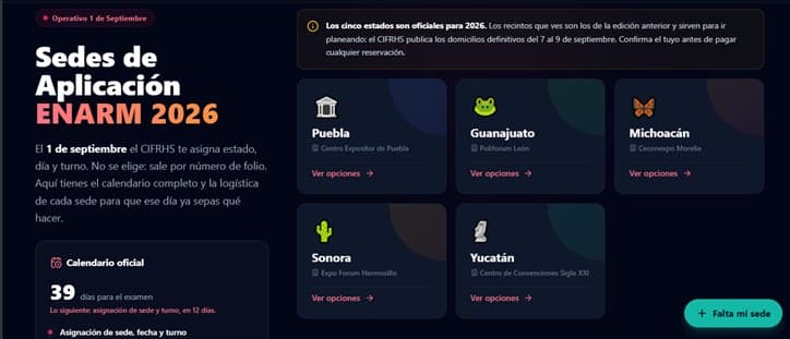 El sitio de Sedes ENARM: cuenta regresiva al examen y las cinco sedes de 2026